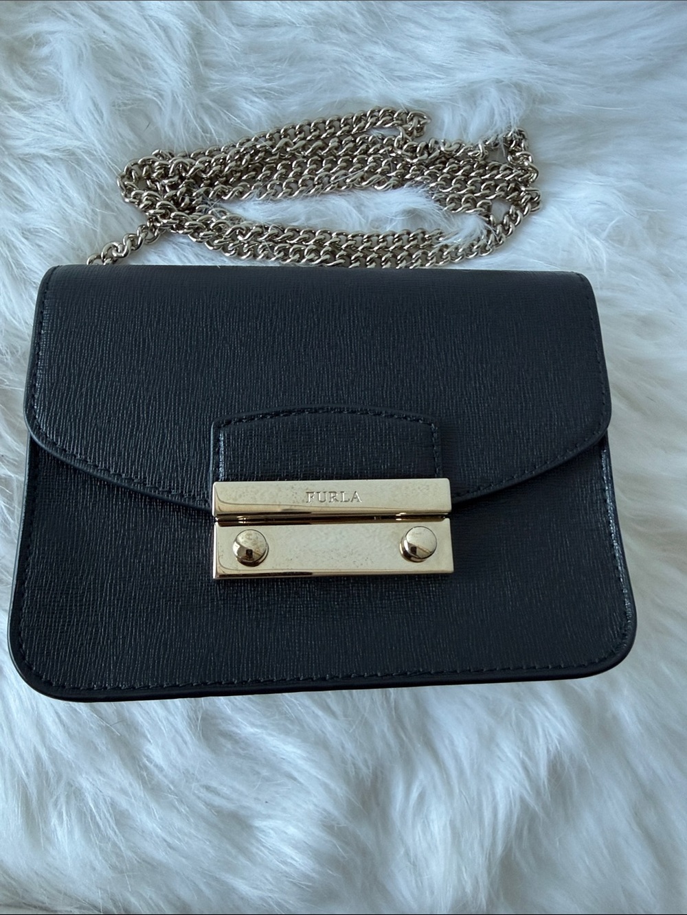 Furla Black Saffiano Crossbody with Gold-Tone Hardware- removable chain